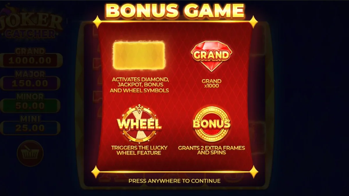 Tampilan antarmuka slot Joker Catcher dengan simbol klasik dan fitur Catch Frames.