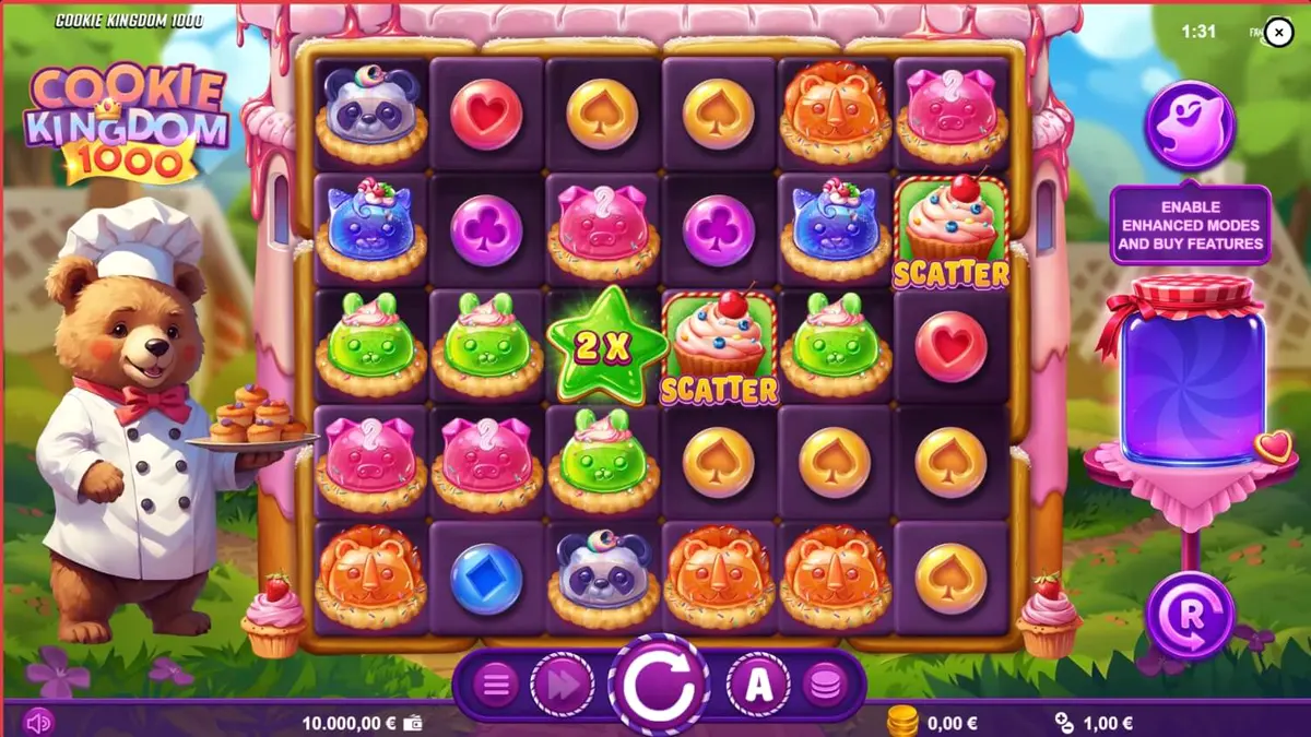 Tampilan visual permainan slot Cookie Kingdom 1000 dengan tema permen dan beruang baker